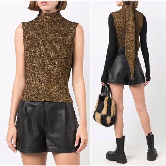 Ganni Metallic Rib Knit Tie Back Top Womens Size XL Gold Black NWT Retail $ 225 - Picture 1 of 16